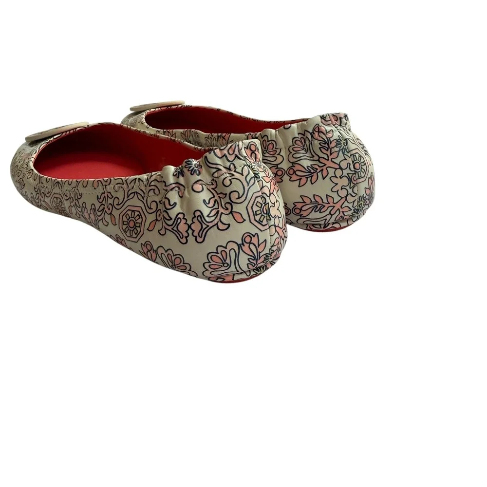 Tory Burch Minnie Travel Ballet Flats Cream Pink Floral Paisley Leather Size 9